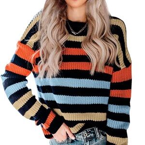 KIRUNDO Colorful Striped Crew Neck Sweater